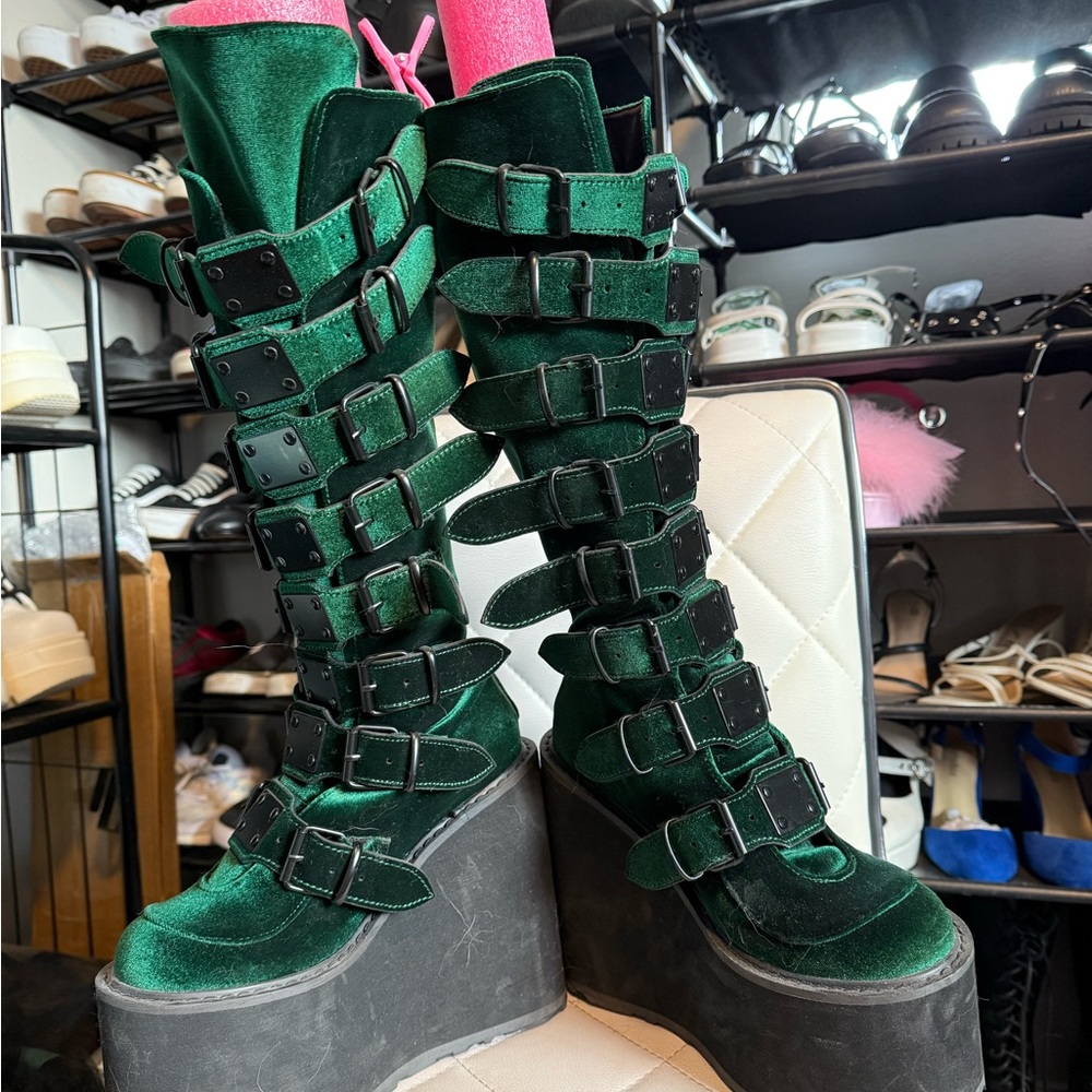Swing-815 Demonia Green Velvet Buckle Boots - image 2